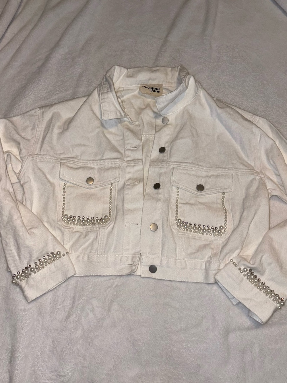 White Embellished Crop Denim Jacket - Women